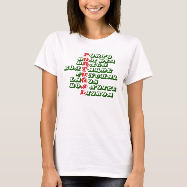 Camiseta Portugal Womens White T-shirt. Bom dia (Frente)