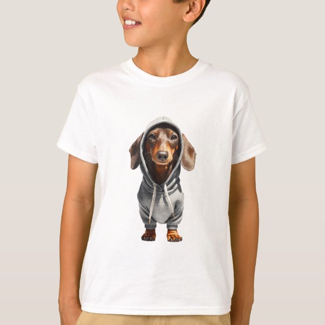 Camiseta Pose de Crianças com Capuz de Dachshund (Frente)