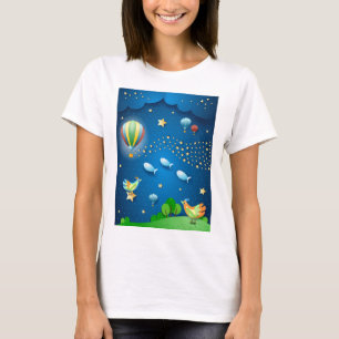 Camiseta posta uma noite surreal com balões e ondas de est