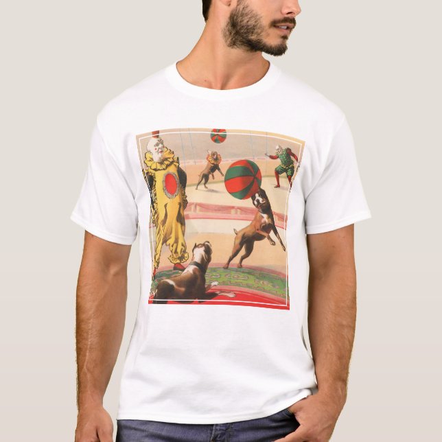 Camiseta Poster de Circo Mostrando Palhaços Com Cães Execut (Frente)