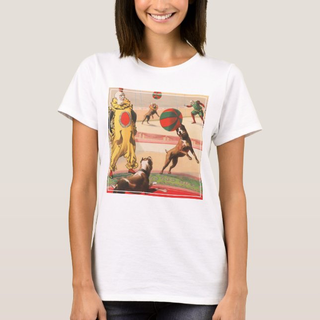 Camiseta Poster de Circo Mostrando Palhaços Com Cães Execut (Frente)