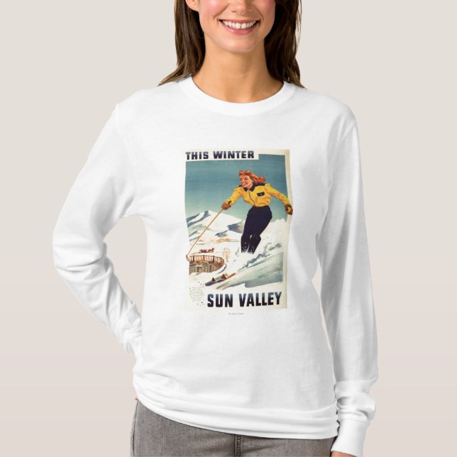 Camiseta poster de sorriso e de esqui da mulher (Frente)