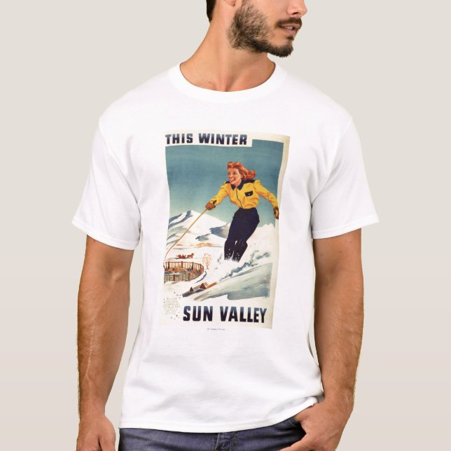 Camiseta poster de sorriso e de esqui da mulher (Frente)