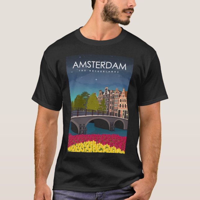 Camiseta Poster de viagens de Amsterdã à Noite (Frente)