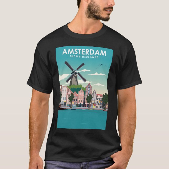 Camiseta Poster de viagens Windmill de Amesterdã Holland (Frente)