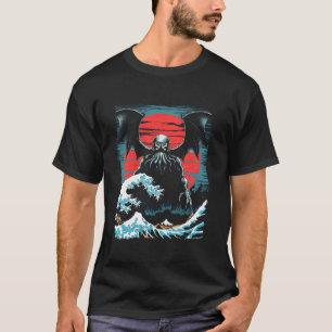 Camiseta Pôster Vintage Japonês Cthulhu Grande Onda de Kana