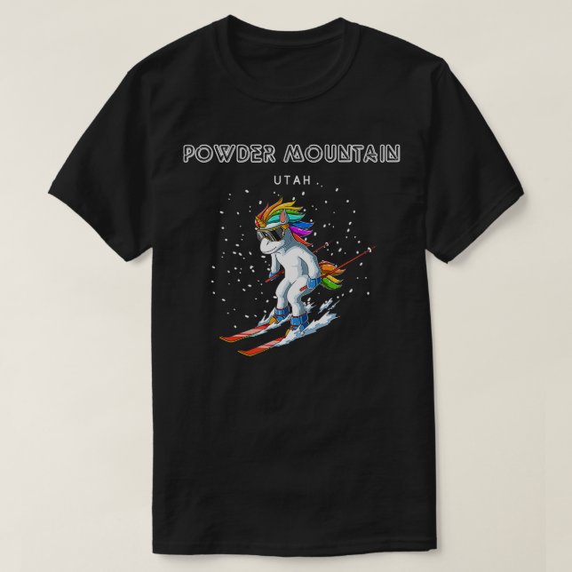 Camiseta Powder Mountain Utah Unicorn USA Ski 80s Retro Gif (Frente do Design)