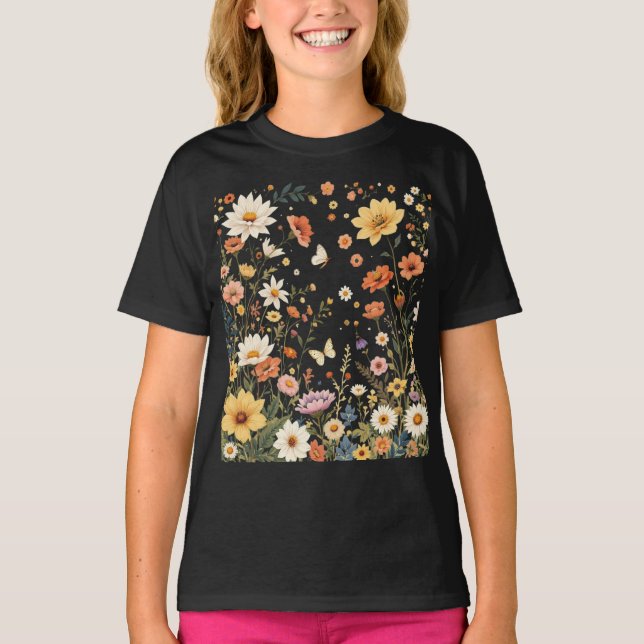 Camiseta Prado de flor selvagem com borboletas (Frente)