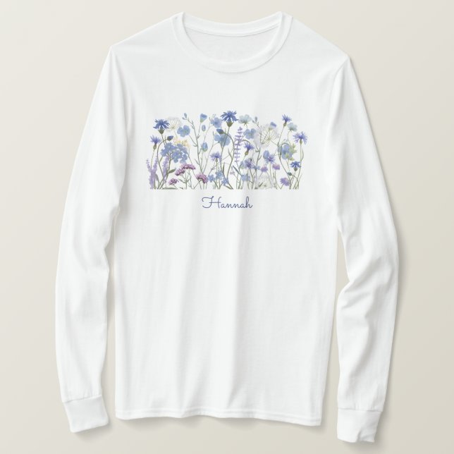 Camiseta Prado de Flores Silvestres em Aquarela Azul Monogr (Frente do Design)