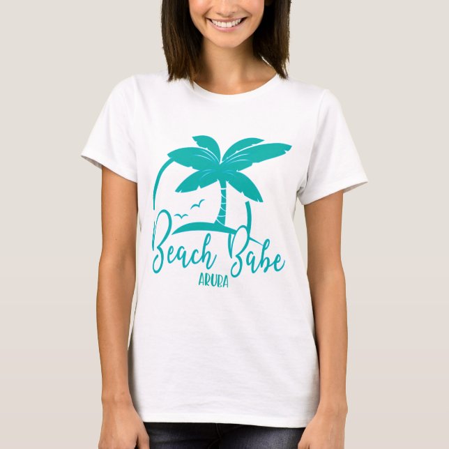 Camiseta Praia Babe Palm Tree Aruba Teal & Blue Souvenir (Frente)