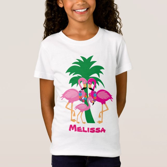 Camiseta Praia da Família Flamingo, rosa-branca (Frente)