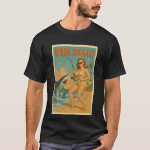 Camiseta Praia de Carretel de Pesca de Tubarão Pin-Up Retro