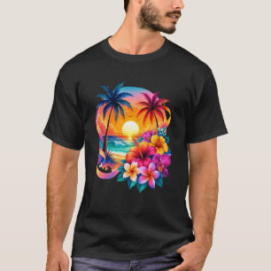 Camiseta Praia de Flor Tropical Férias Pôr do Sol Palmeira