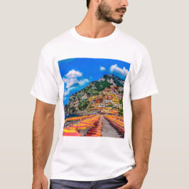 Camiseta Praia de Positano Itália Casas de Penhasco Amalfi 