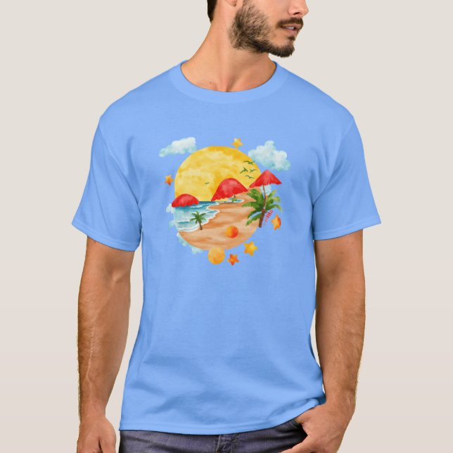 Camiseta Praia de verão com palmeira e presente de pássaros (Frente)