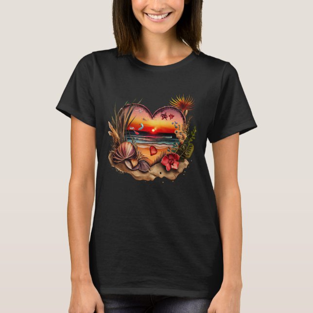 Camiseta Praia Lover Sunset Seashells Flores de Forma Cardí (Frente)