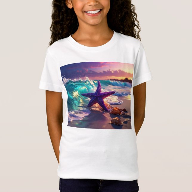 Camiseta Praia oceânica com estrelas-do-mar violetas (Frente)