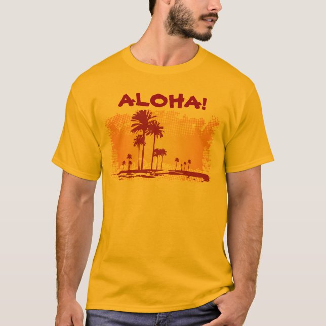Camiseta Praia Tropical ALOHA Com Palmeiras (Frente)