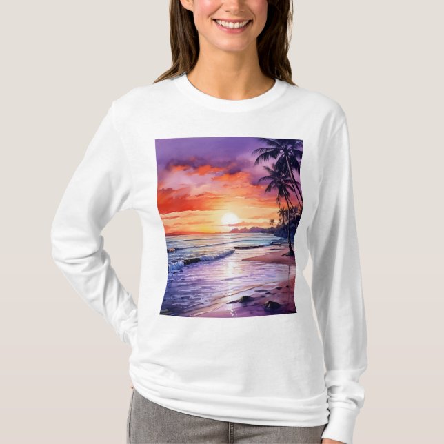 Camiseta Praia Tropical Sunset #1 Tee de Longa Folha, de Mu (Frente)
