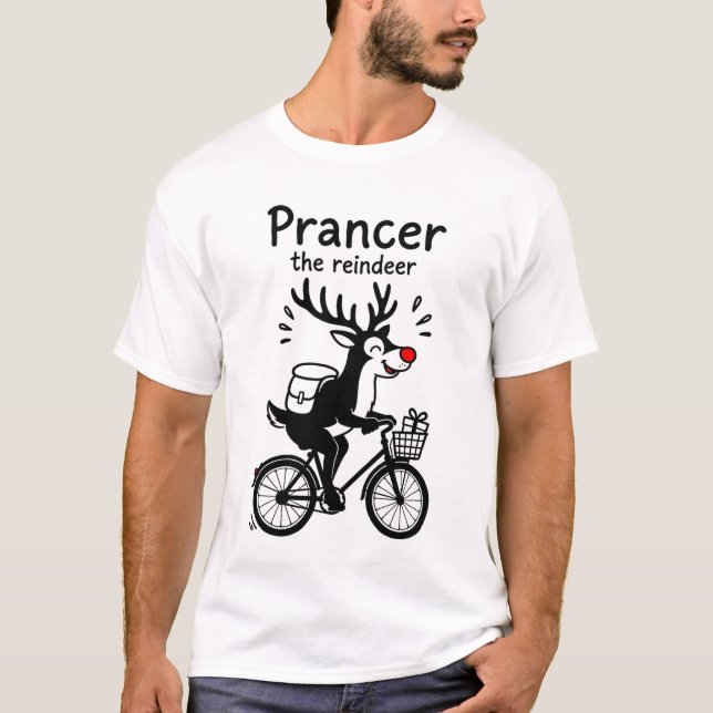 Camiseta Prancer O Renas Cavalgando uma Bicicleta (Frente)