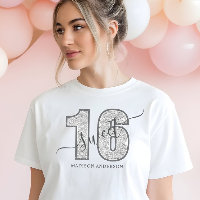 Camiseta Prata Brilho Script Aniversário de 16 Anos Doce (Criador carregado)