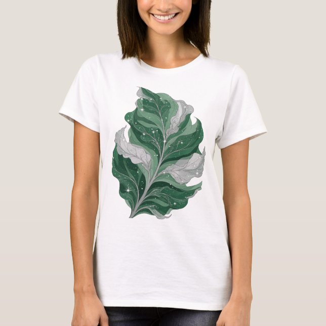 Camiseta Prata Snappy com Design de FOLHA VERDE COM ESTRELA (Frente)