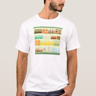 Camiseta prateleira de supermercado café chá grãos