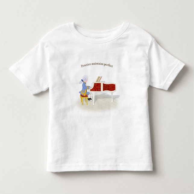 Camiseta "Prática Mantém Perfeito" Mozart Tocando Piano (Frente)