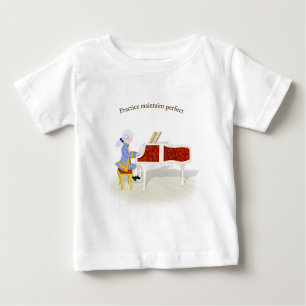 Camiseta "Prática Mantém Perfeito" Mozart Tocando Piano