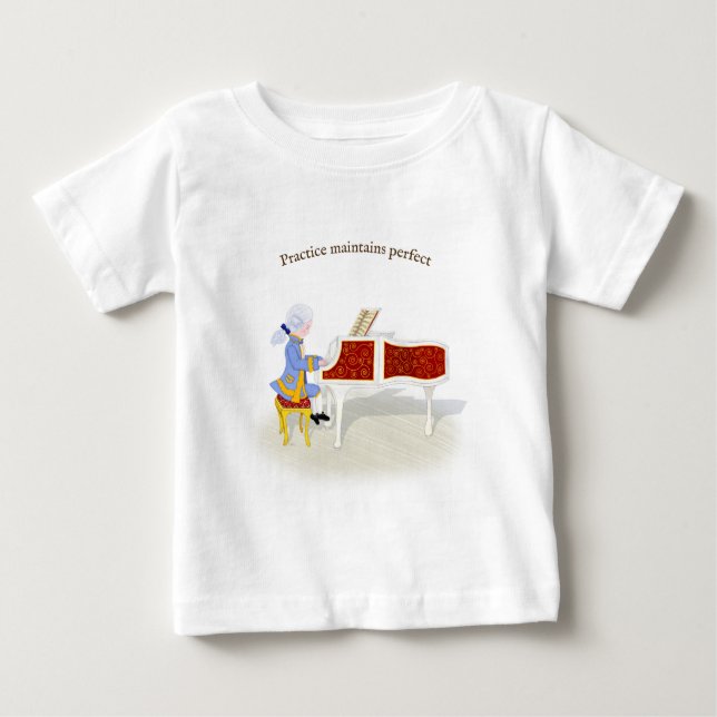 Camiseta "Prática Mantém Perfeito" Mozart Tocando Piano (Frente)