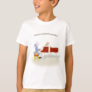 Camiseta "Prática Mantém Perfeito" Mozart Tocando Piano