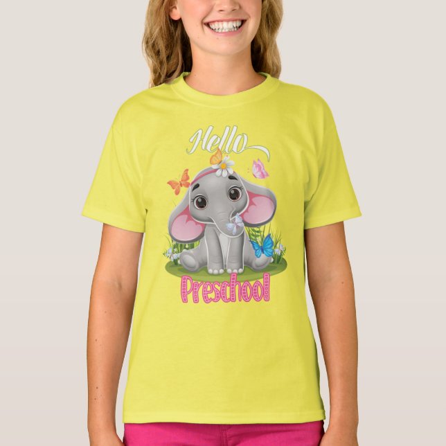 Camiseta Pré-escola de elefante de borboleta de volta à esc (Frente)