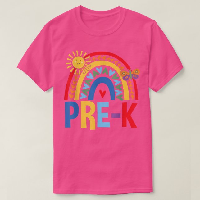 Camiseta Pré-K Arco-Íris com Borboleta e Sol Cujo Lado Volt (Frente do Design)