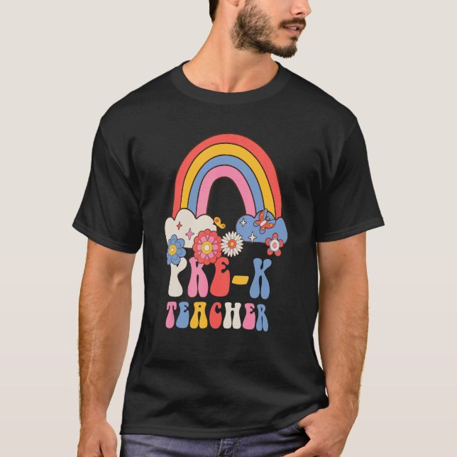 Camiseta Pré-k Escola de Professores Retrorando Groovy Flor (Frente)