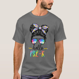 Camiseta Pré K Messy Bun Team Hello Pré-K Rocks Squad Teach