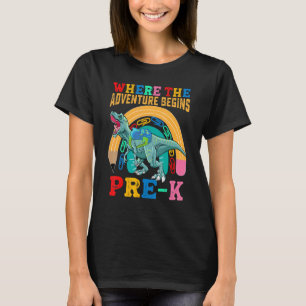 Camiseta Pré K Onde A Aventura Começa O Dinossauro De Volta