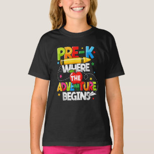 Camiseta Pré-K Onde a Aventura Começa Volta às Aulas
