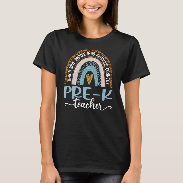 Camiseta Pré-K Professor Leopard Boho Arco-Íris De Volta À  (Frente)