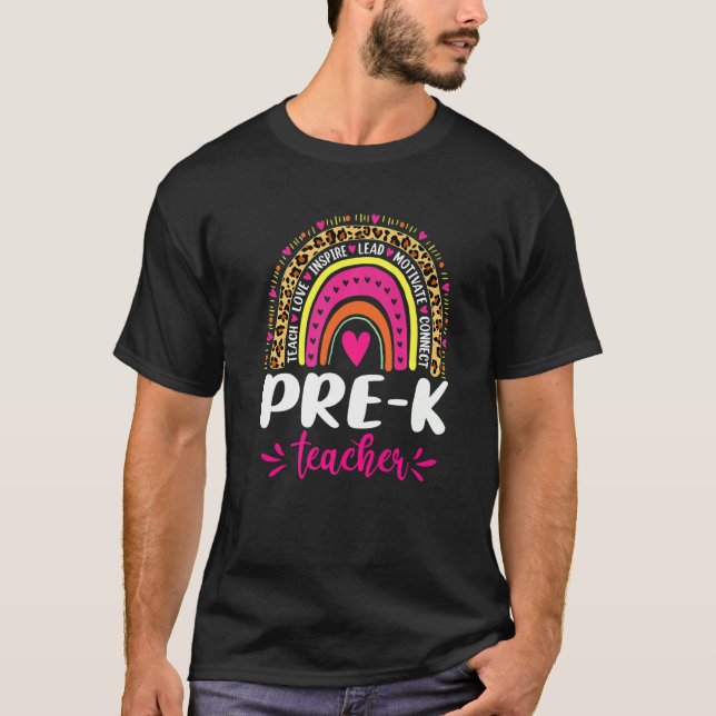 Camiseta Pré-K Professor Rainbow Leopardo De Volta À Escola (Frente)