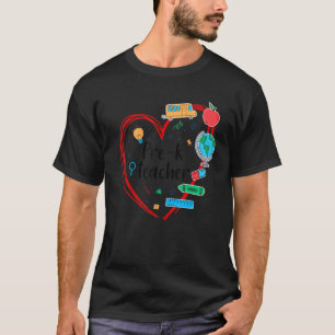 Camiseta Pré-K Professora Coração Colorida Itens Escolares