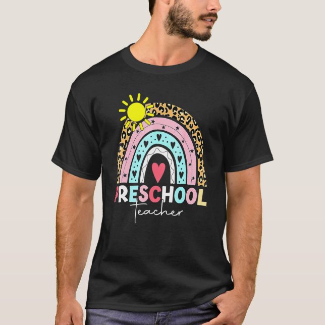 Camiseta Pré-K Professora Ensina Pré-Escolar Boho Arco-Íris (Frente)