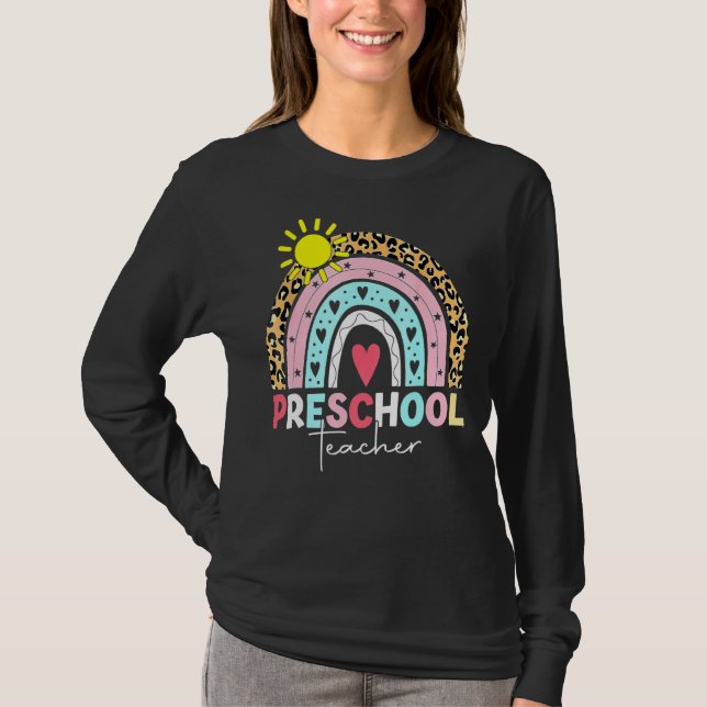 Camiseta Pré-K Professora Ensina Pré-Escolar Boho Arco-Íris (Frente)