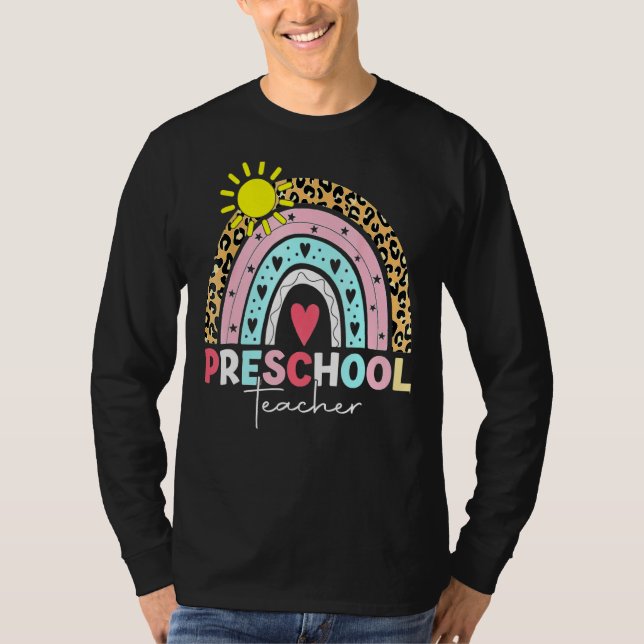 Camiseta Pré-K Professora Ensina Pré-Escolar Boho Arco-Íris (Frente)
