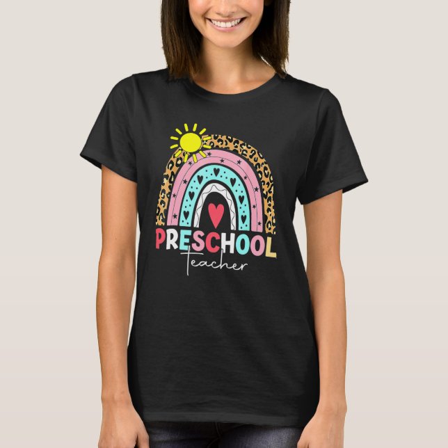 Camiseta Pré-K Professora Ensina Pré-Escolar Boho Arco-Íris (Frente)