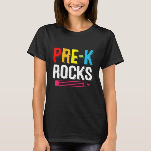 Camiseta Pré-K Rochas De Volta À Escola No Primeiro Dia Da  (Frente)