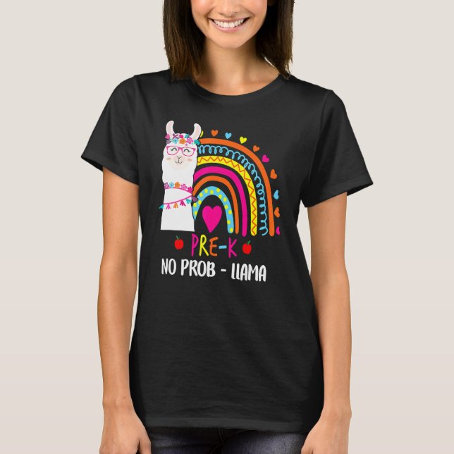 Camiseta Pré K Sem Prob Llama Professor Rainbow De Volta À  (Frente)