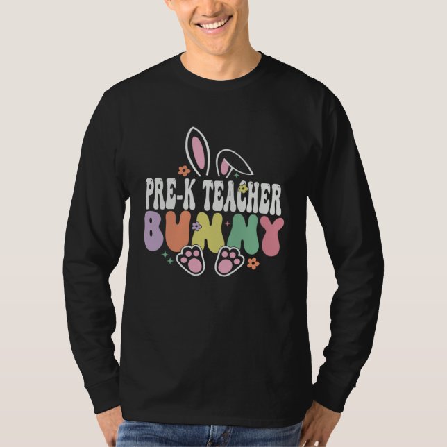 Camiseta Pre k Teacher Bunny  Easter Day Groovy Family Matc (Frente)