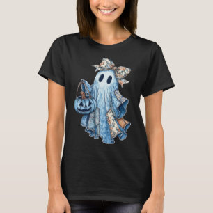 Camiseta Pré-ppy Denim Floral Fall Ghost Boo Denim Patchwor