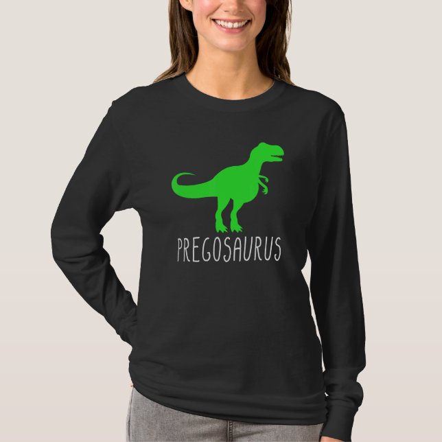 Camiseta Preggosaurus Anúncio de Gravidez Pregosauro (Frente)