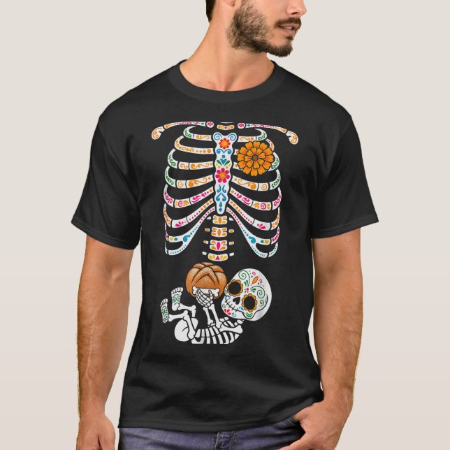 Camiseta Pregnancy Skeleton Dia De Los Muertos Mexican Bell (Frente)